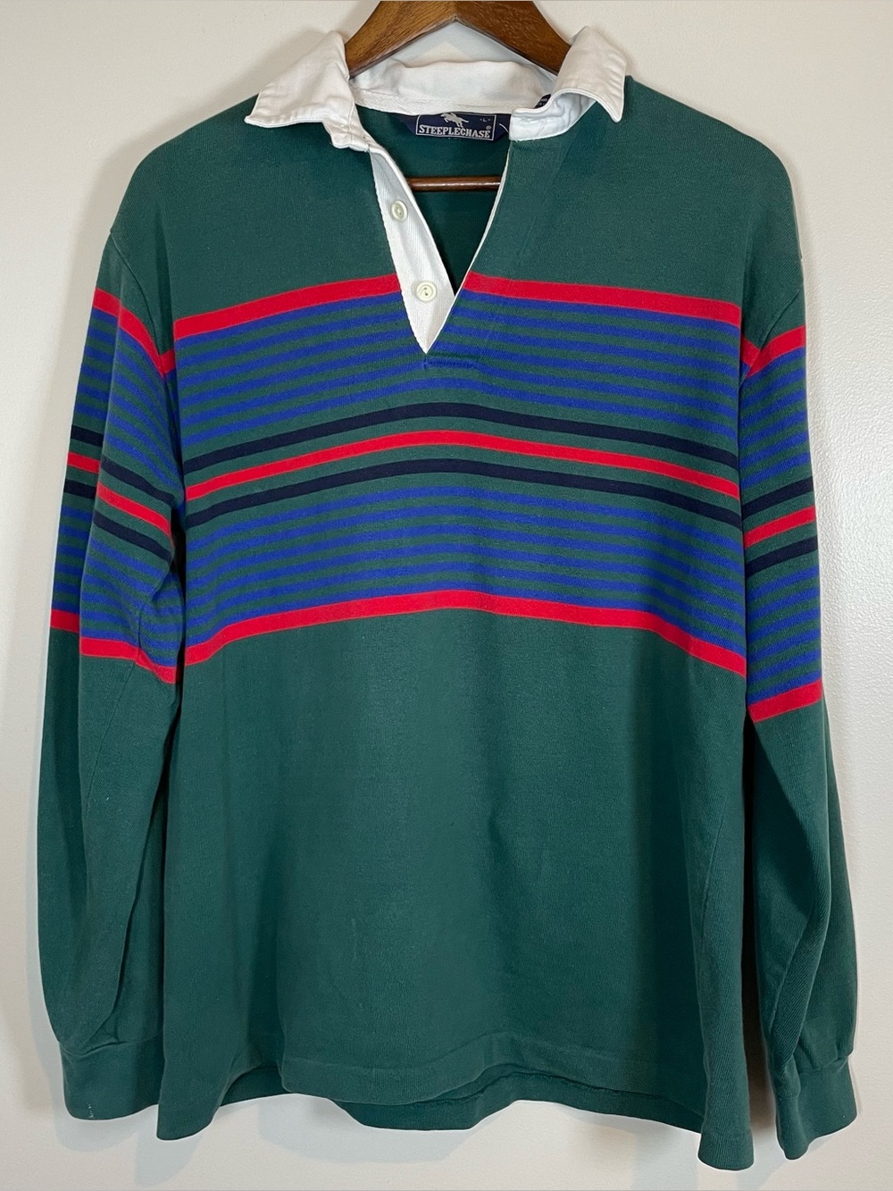 Green Horizontal Stripes Red Blue Collared Long Sleeve Large Rugby Shirt
